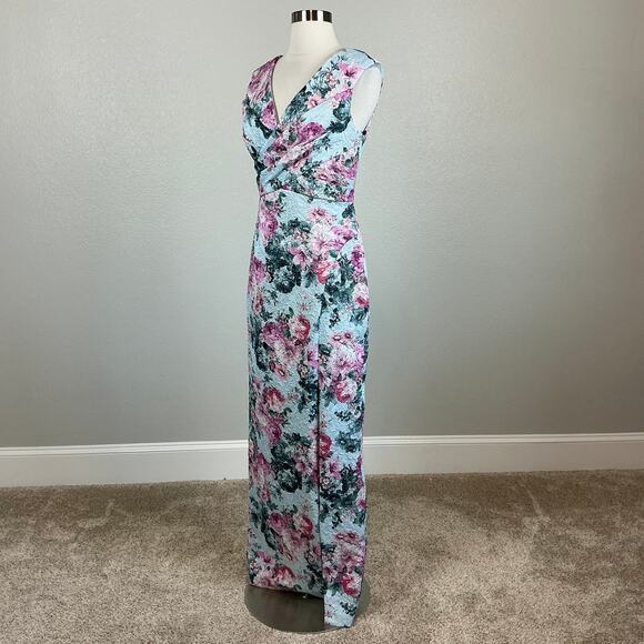 Adrianna Papell Blue Metallic Floral Evening Gown Formal Dress Women’s Size 6 - Picture 4 of 14